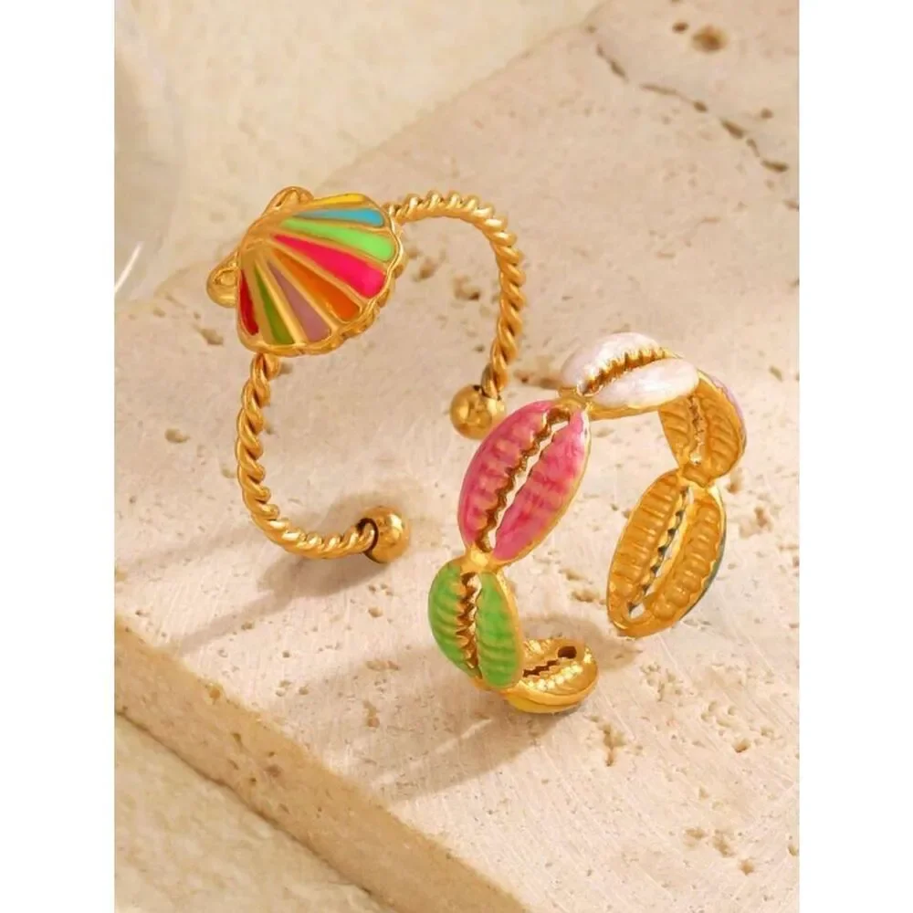 Enamel seashell ring set #2534